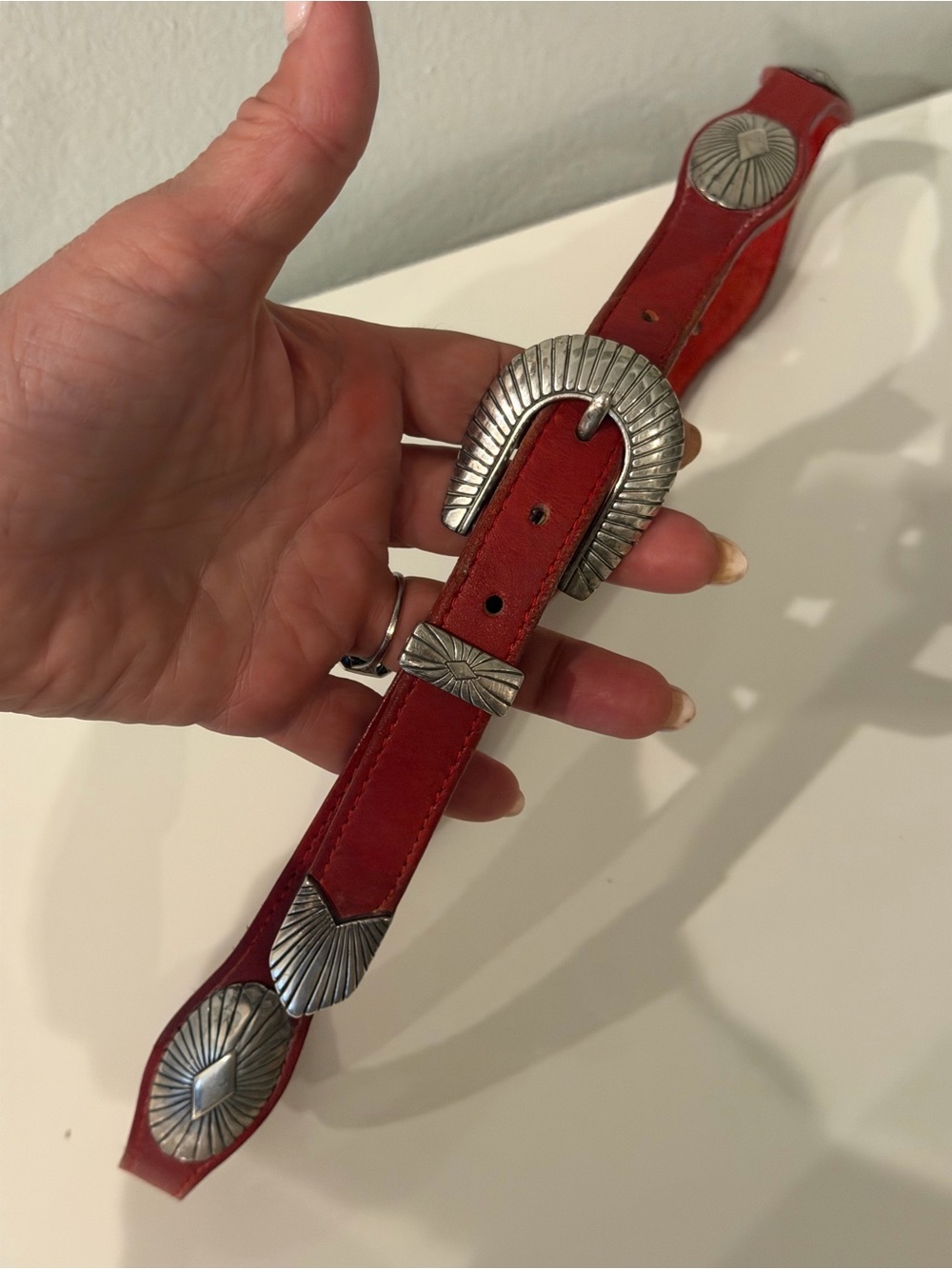 Red Leather Western Belt with Silver tone Conchos size 32 - Picture 5 of 10